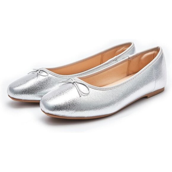 Women's Silver Polyurethane Closed Round Toe Comfortable Bow Ballet Flats Shoes - Picture 2 of 7